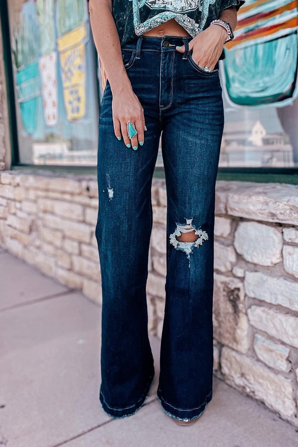 Real Teal High Rise Ripped Bell Bottoms (6-16)