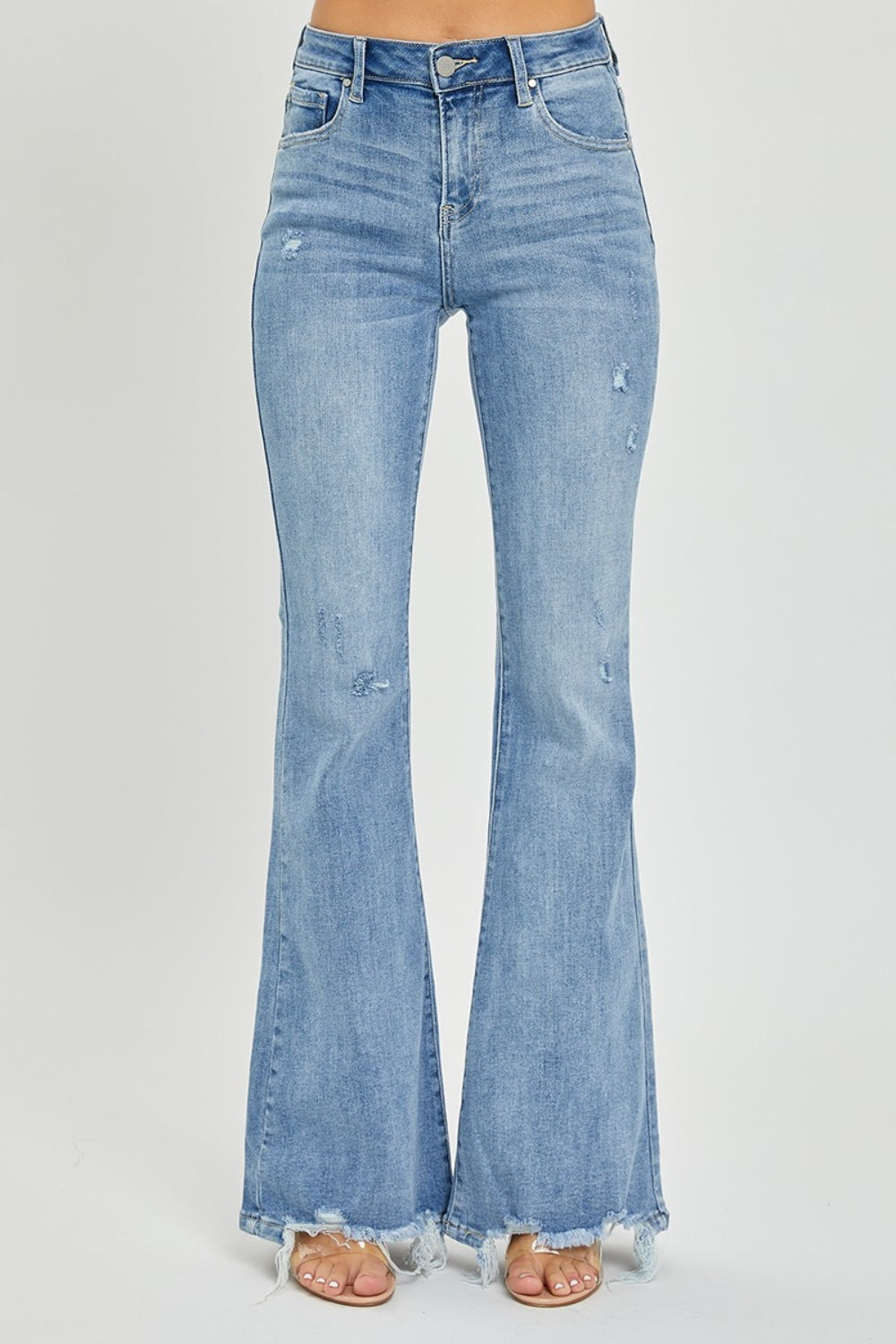 Risen Light High Rise Frayed Hem Flare Jeans (0-15)