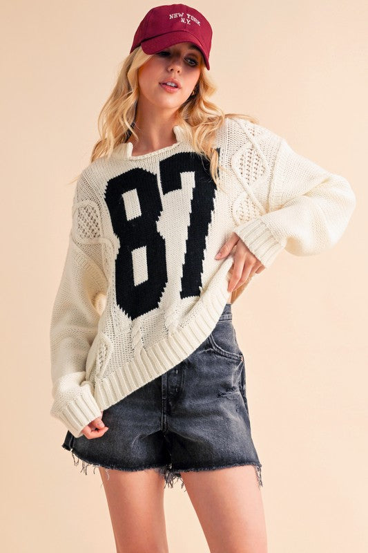 '87' Swiftie Cable Knit Drop Shoulder Sweater (S-L)