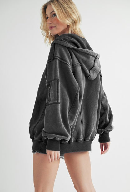 Exposed Seam Zip Up Drawstring Hooded Jacket (S-L)