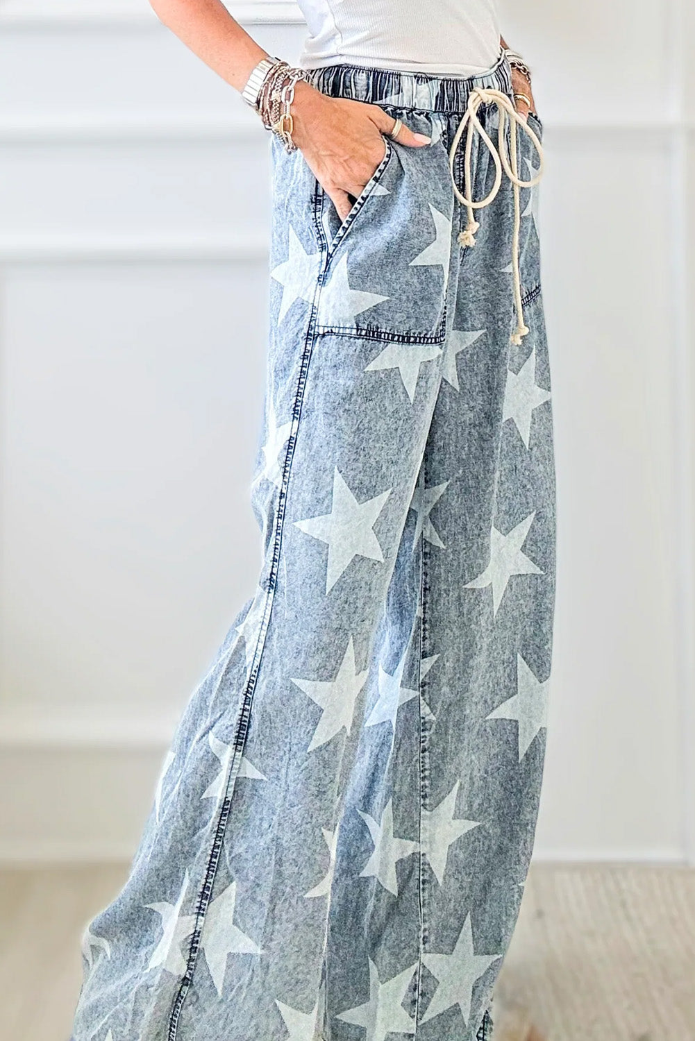 Light Wash Star Print Drawstring Wide Leg Jeans (6-16)