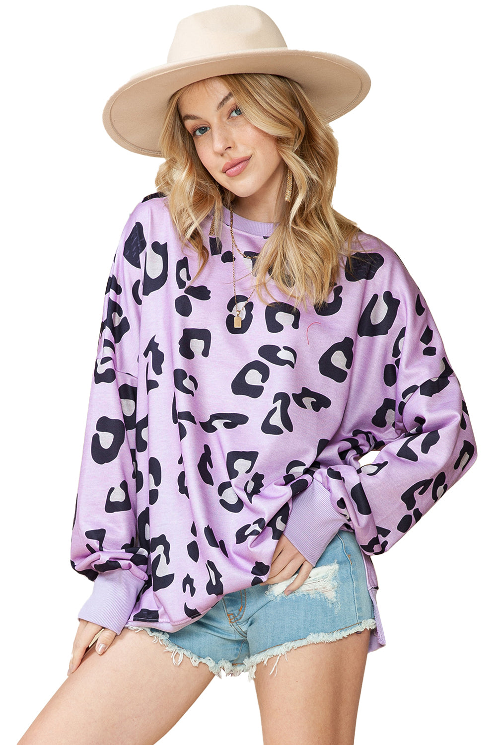 Leopard Print Drop Shoulder Slit Oversized Sweatshirt (S-XL)