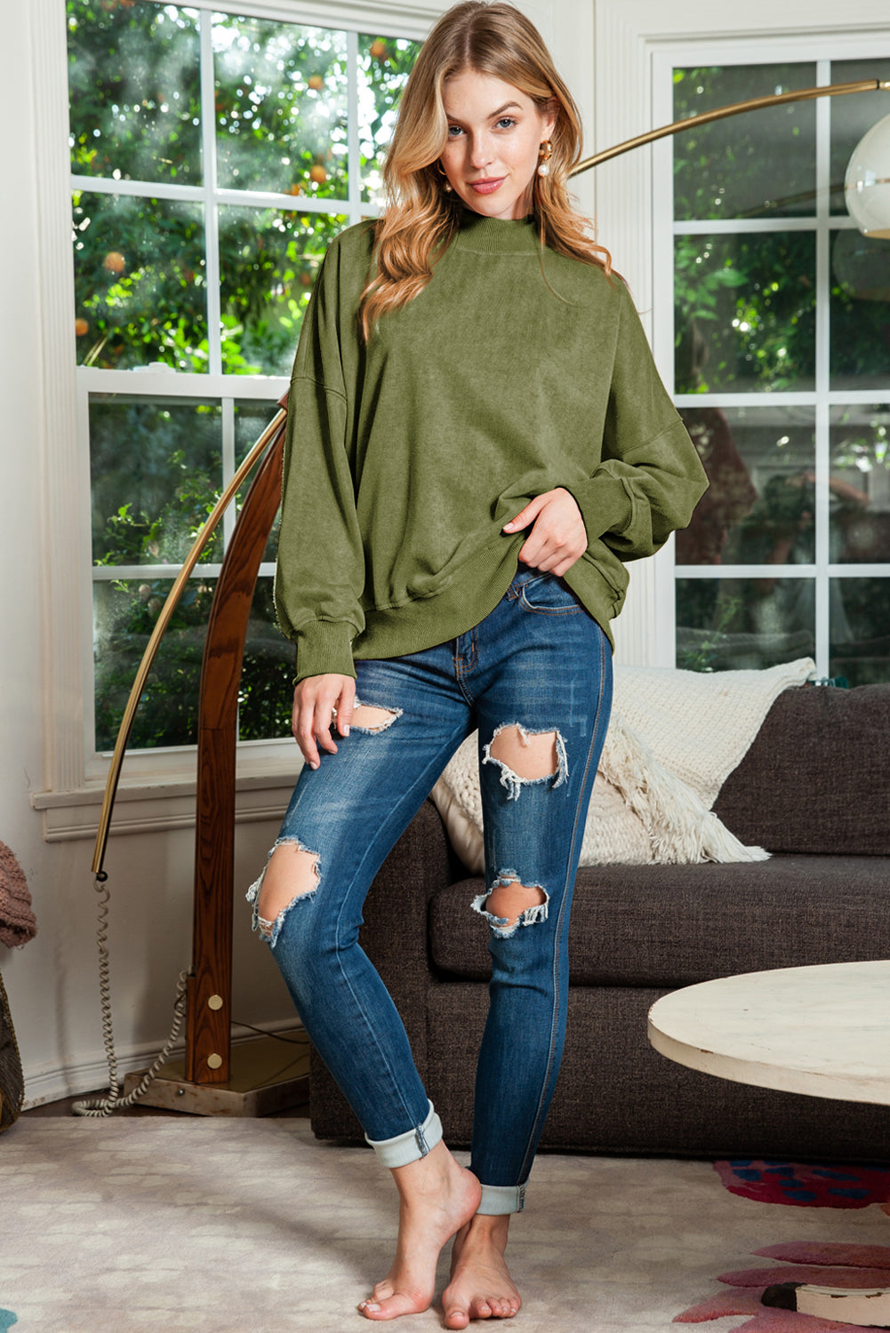 Brown Plain Drop Shoulder Crew Neck Sweatshirt