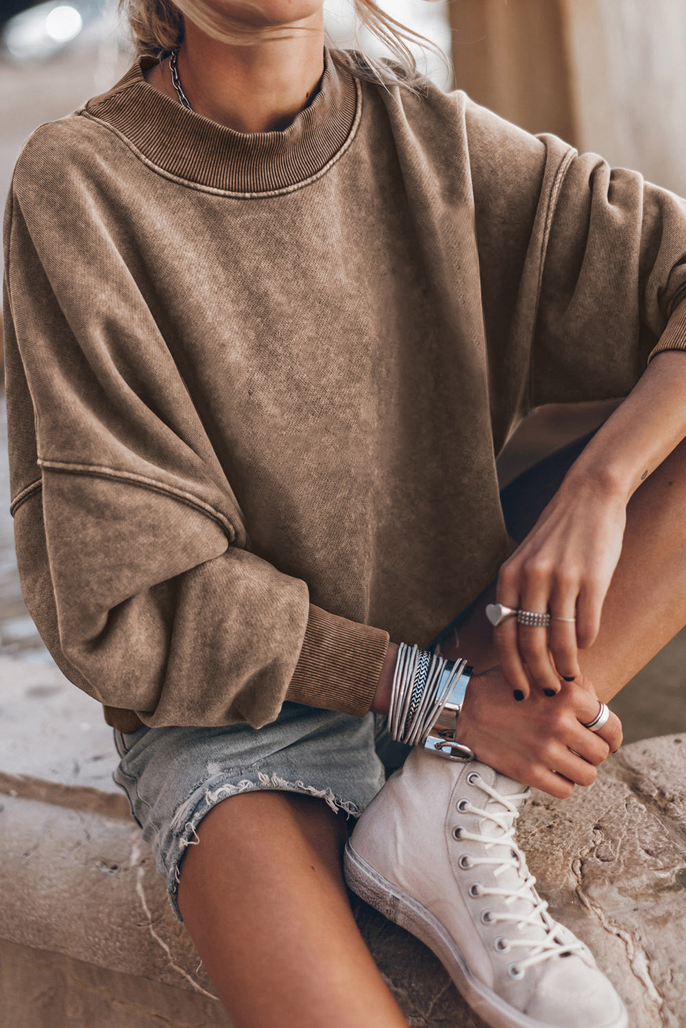 Brown Plain Drop Shoulder Crew Neck Sweatshirt