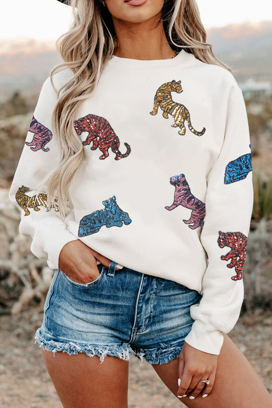 Sequin Tiger Graphic Round Neck Sweatshirt (S-2XL)