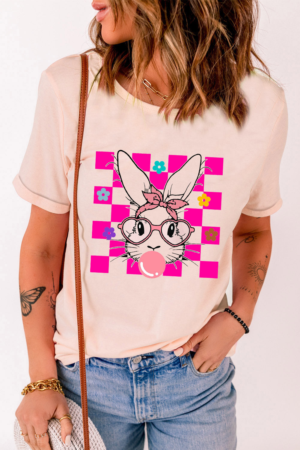 Checkered Flower Bunny Graphic Tee (S-2XL)