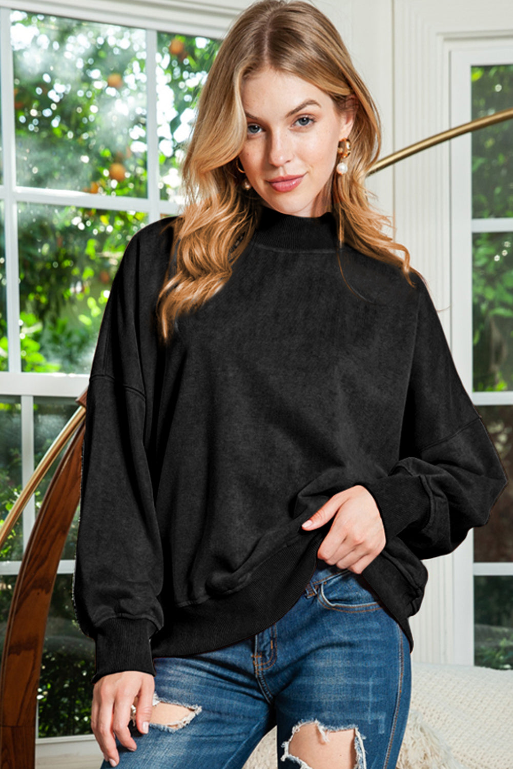 Brown Plain Drop Shoulder Crew Neck Sweatshirt