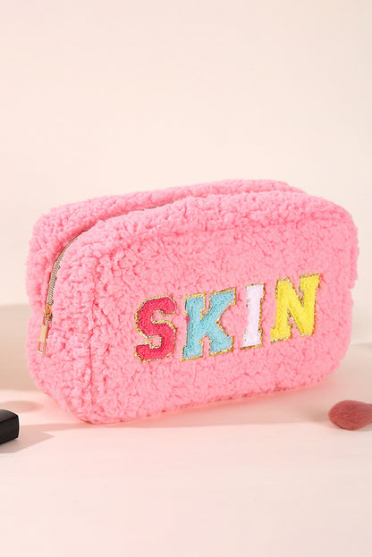 Pink Plush Chenille Embroidered Alphabet Makeup Bag