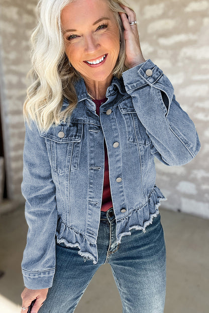 Beau Blue Ruffle Raw Hem Denim Jacket (S-2XL)