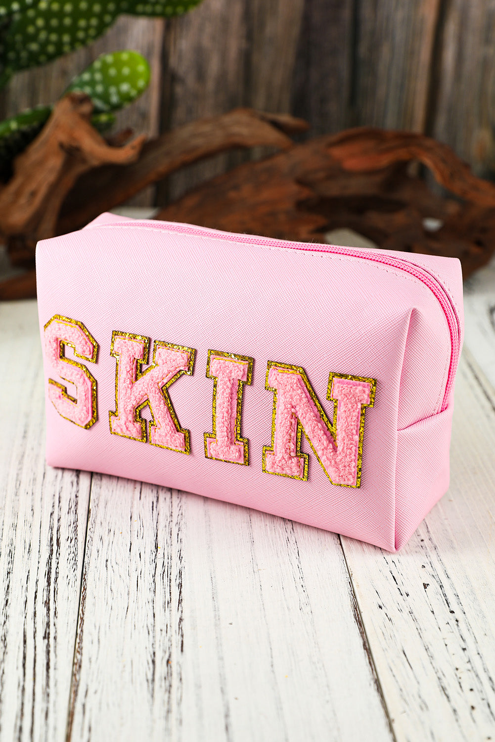 Pink Embroidered SKIN Letter Print Makeup Bag