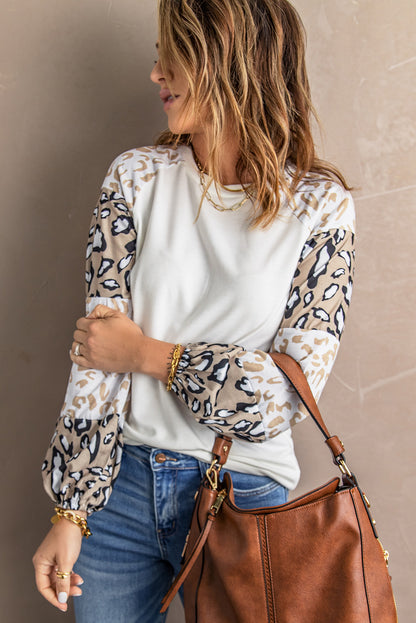 Blank Ivory Cheetah Print Lantern Sleeve Crew Neck Raglan Shirt