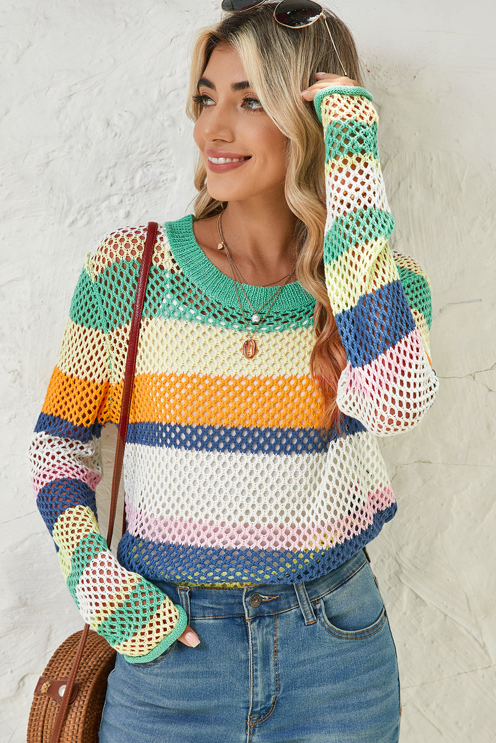 Colorblock Striped Hollow Knitted Top (S-XL - 2 Colors)