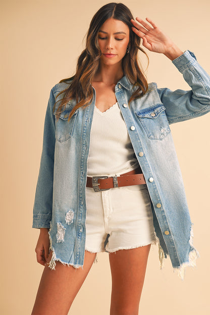 Light Wash Distressed Frayed Long Denim Jacket (S-2XL)