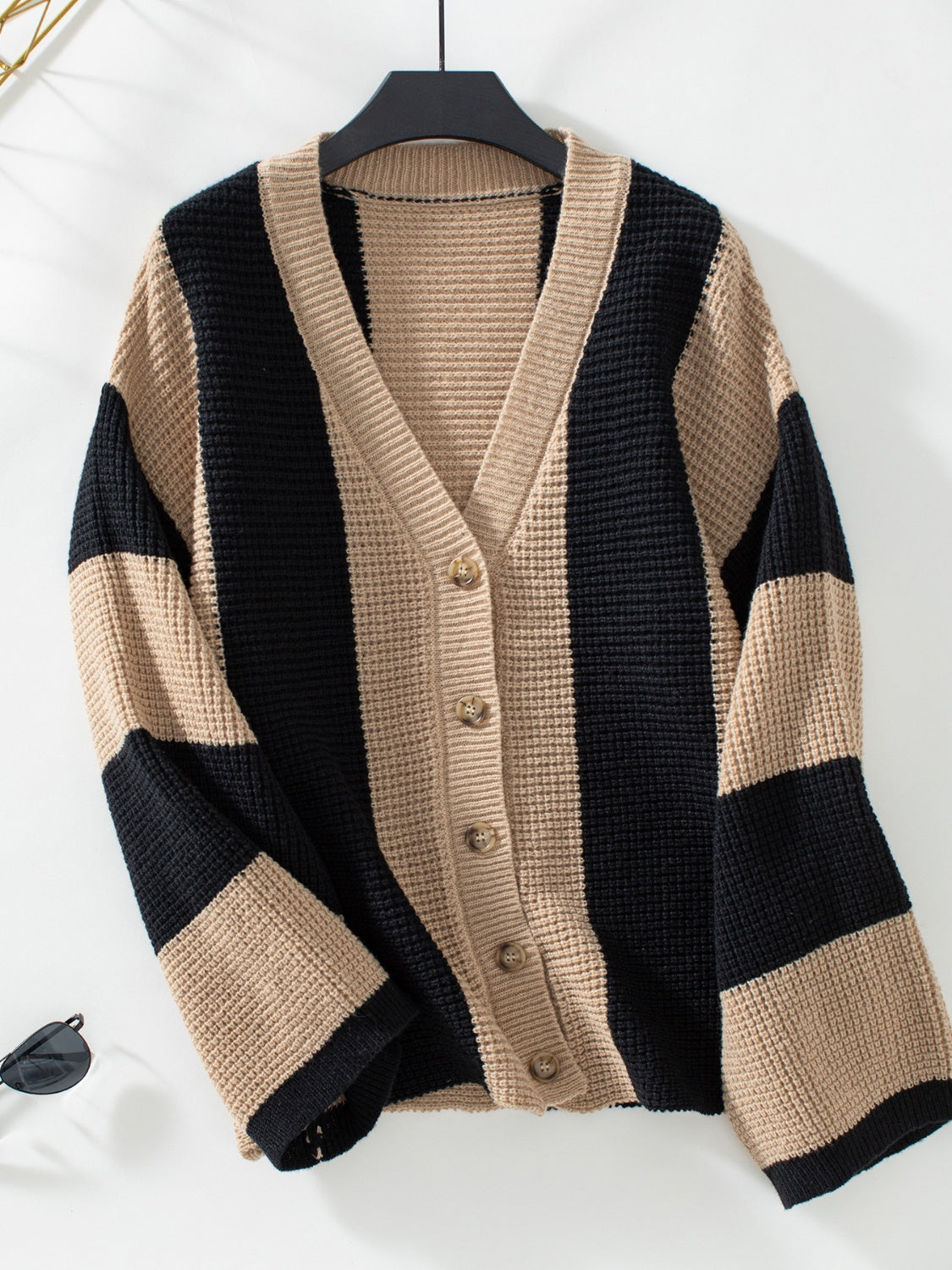 Waffle-Knit V-Neck Striped Long Sleeve Cardigan (S-XL)