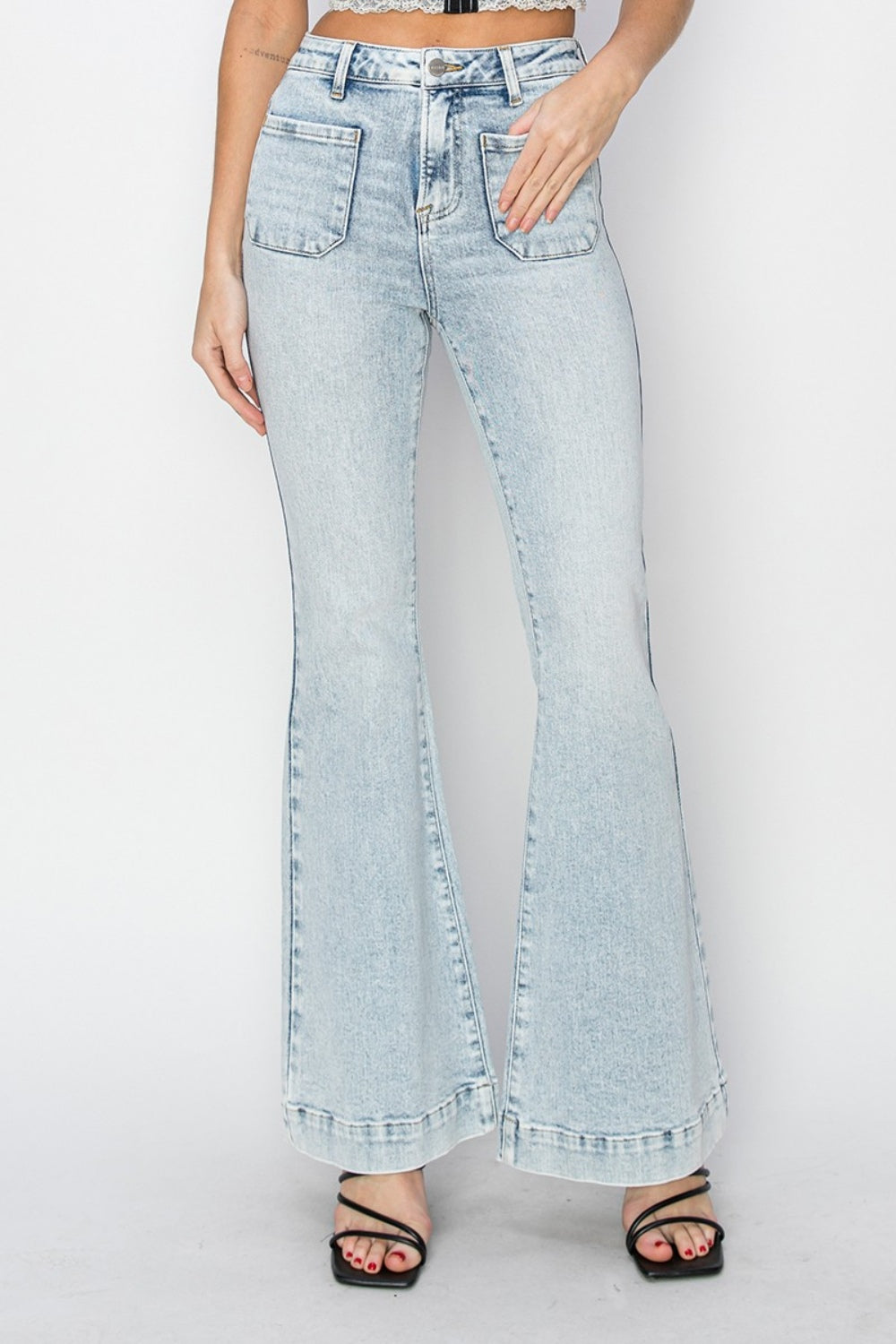 Risen High Rise Front Patch Pocket Flare Jeans (0-15)