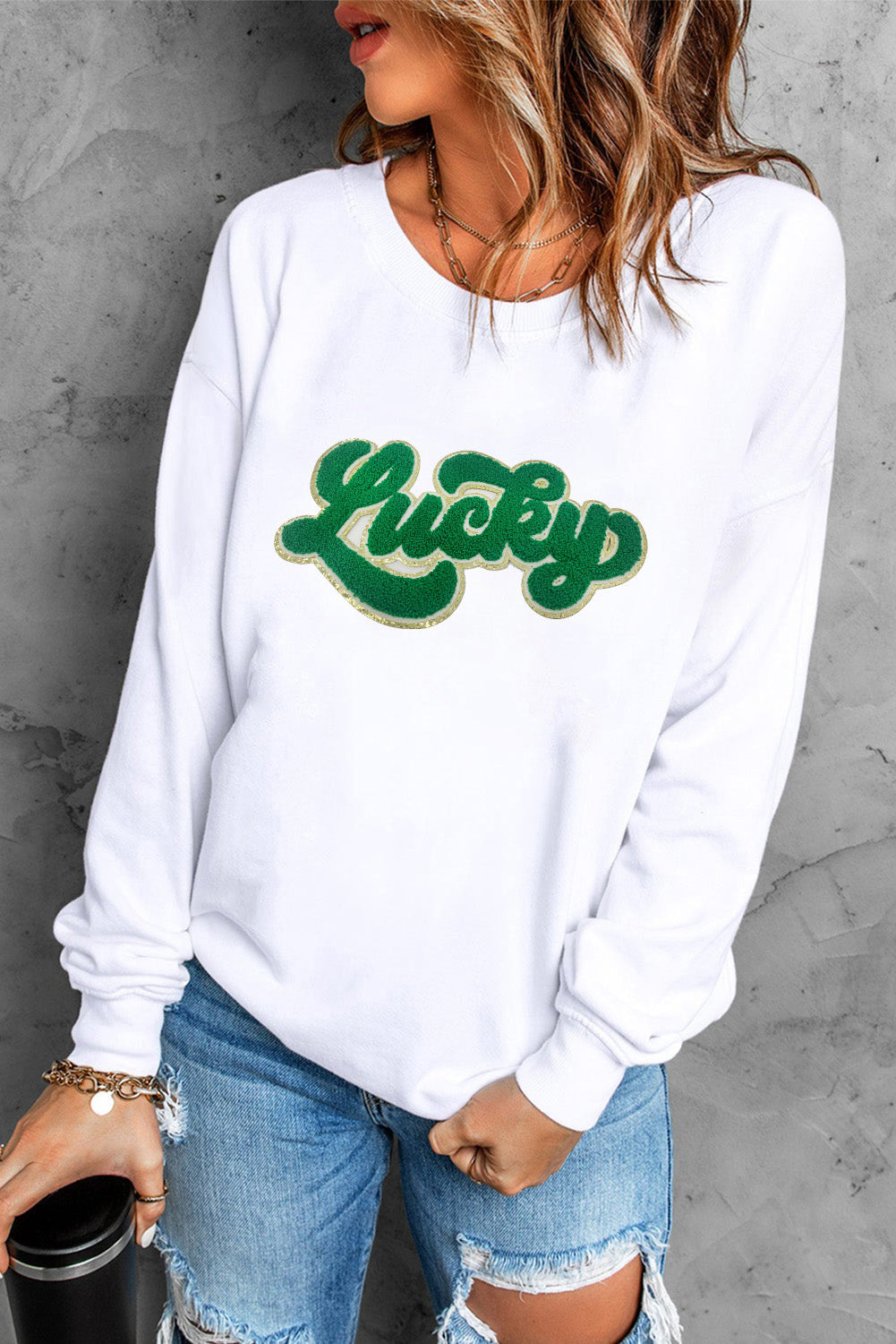 Golden Trim Chenille Lucky Graphic Sweatshirt (S-2XL)