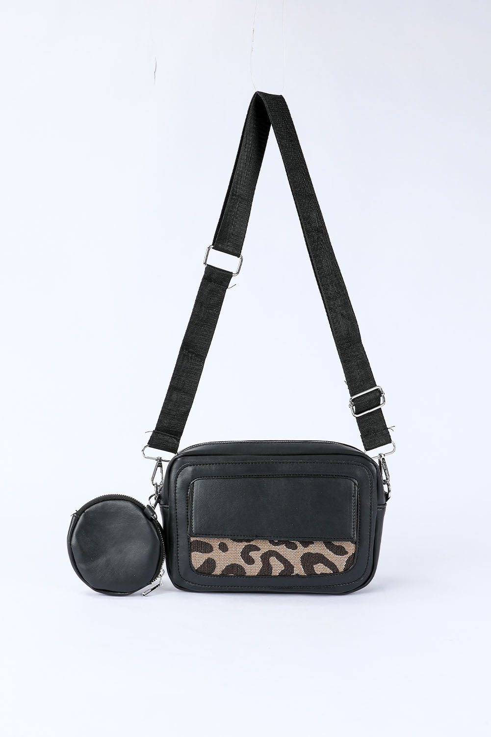 Black Leopard Pattern Crossbody Bag with Coin Purse