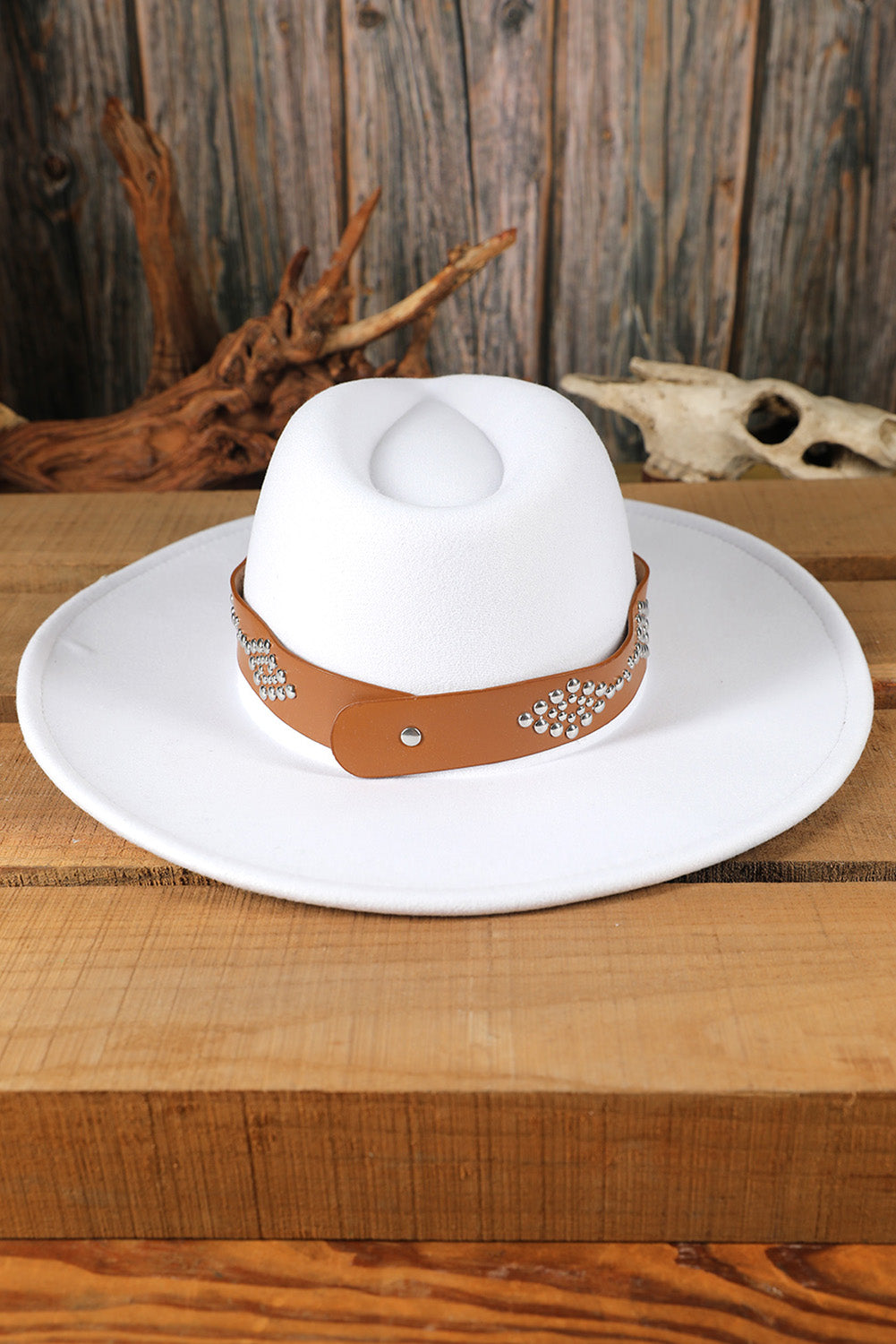 White Studded Detail Wide Brim Panama Hat