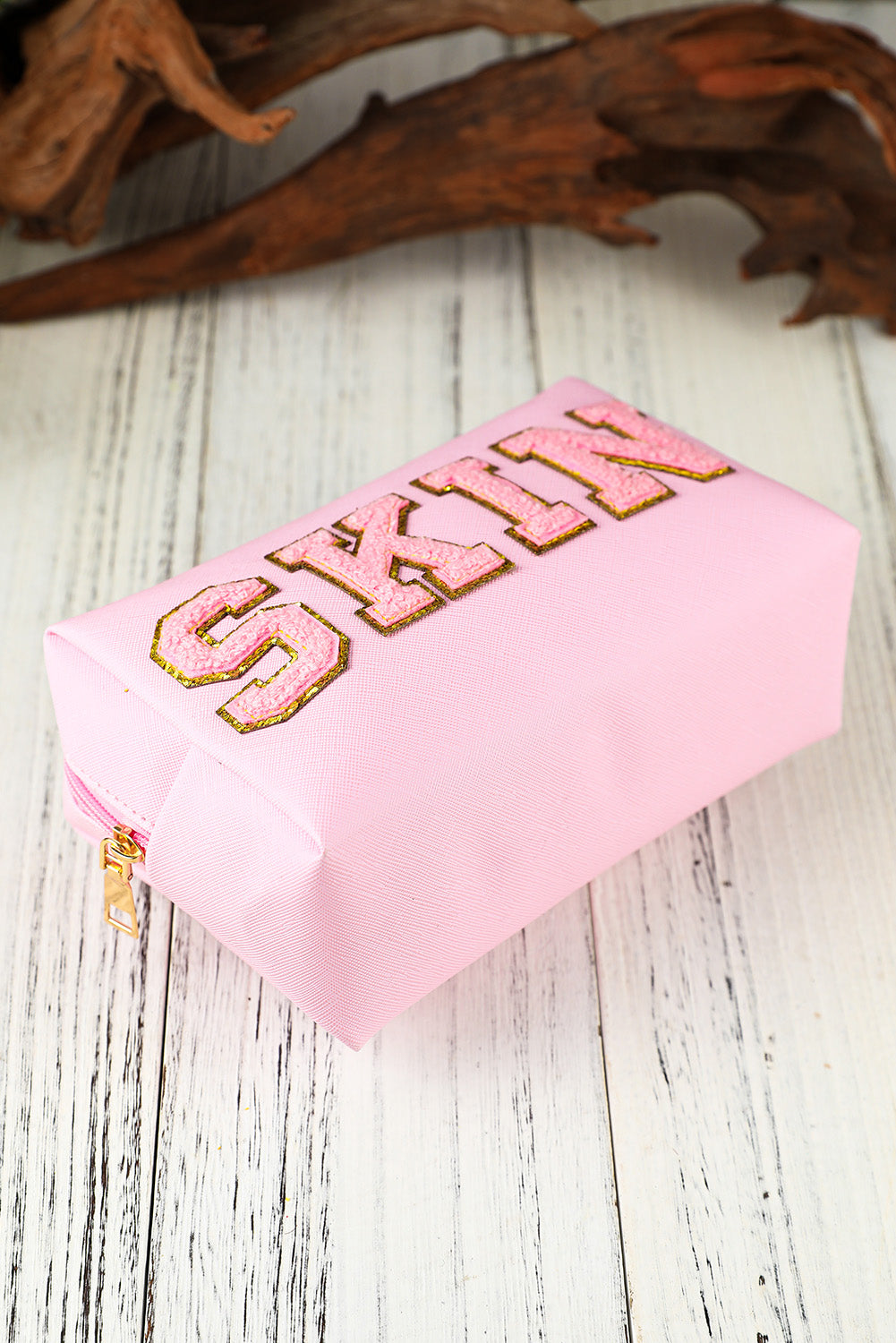 Pink Embroidered SKIN Letter Print Makeup Bag