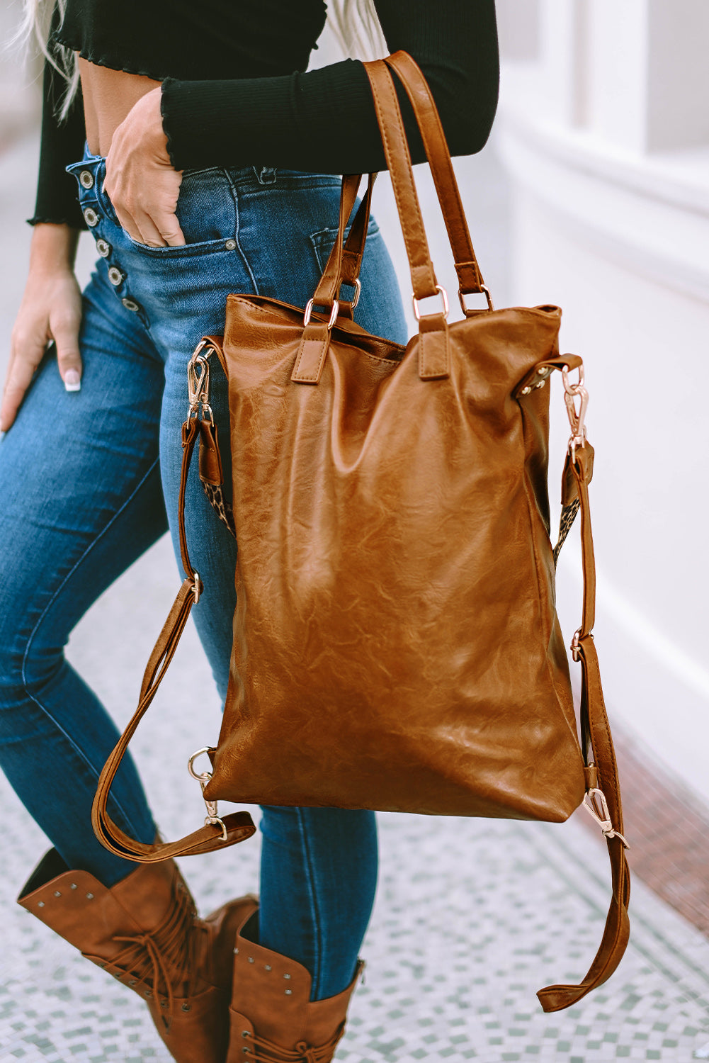 Chestnut Vintage Leopard Strap Zipper Backpack