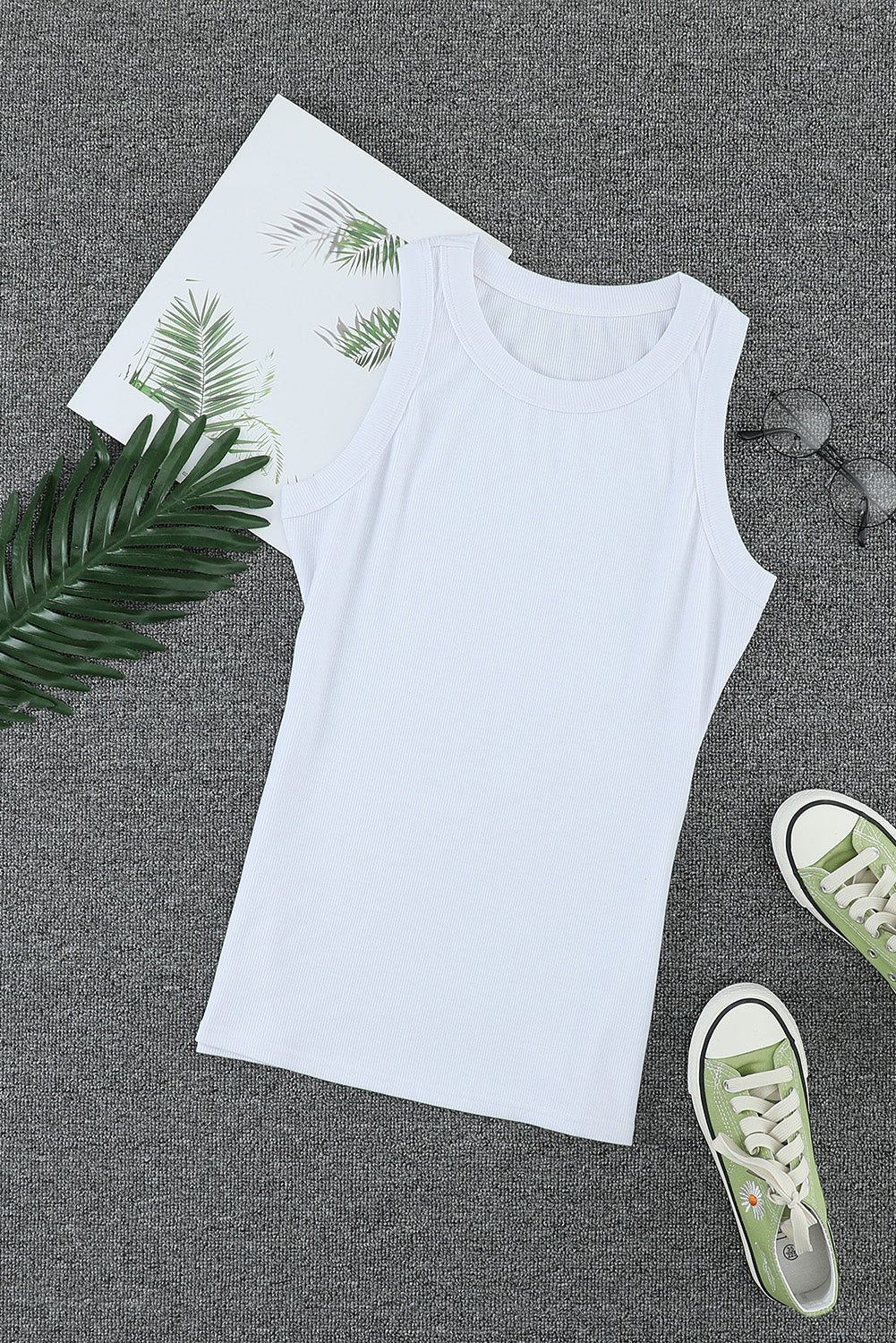 Blank Plain White Slim Fit Crew Neck Ribbed Tank Top