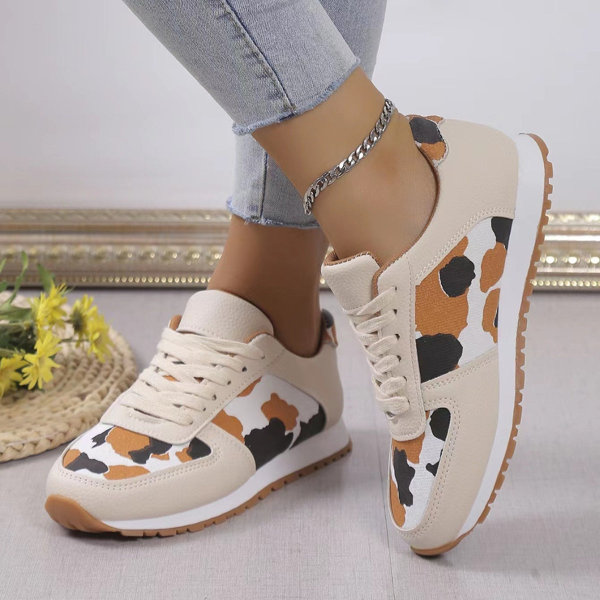 Camo/Leopard Printed Leather Athletic Shoes