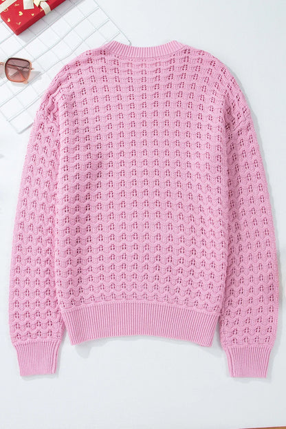 Open Knit Round Neck Long Sleeve Sweater (S-XL)