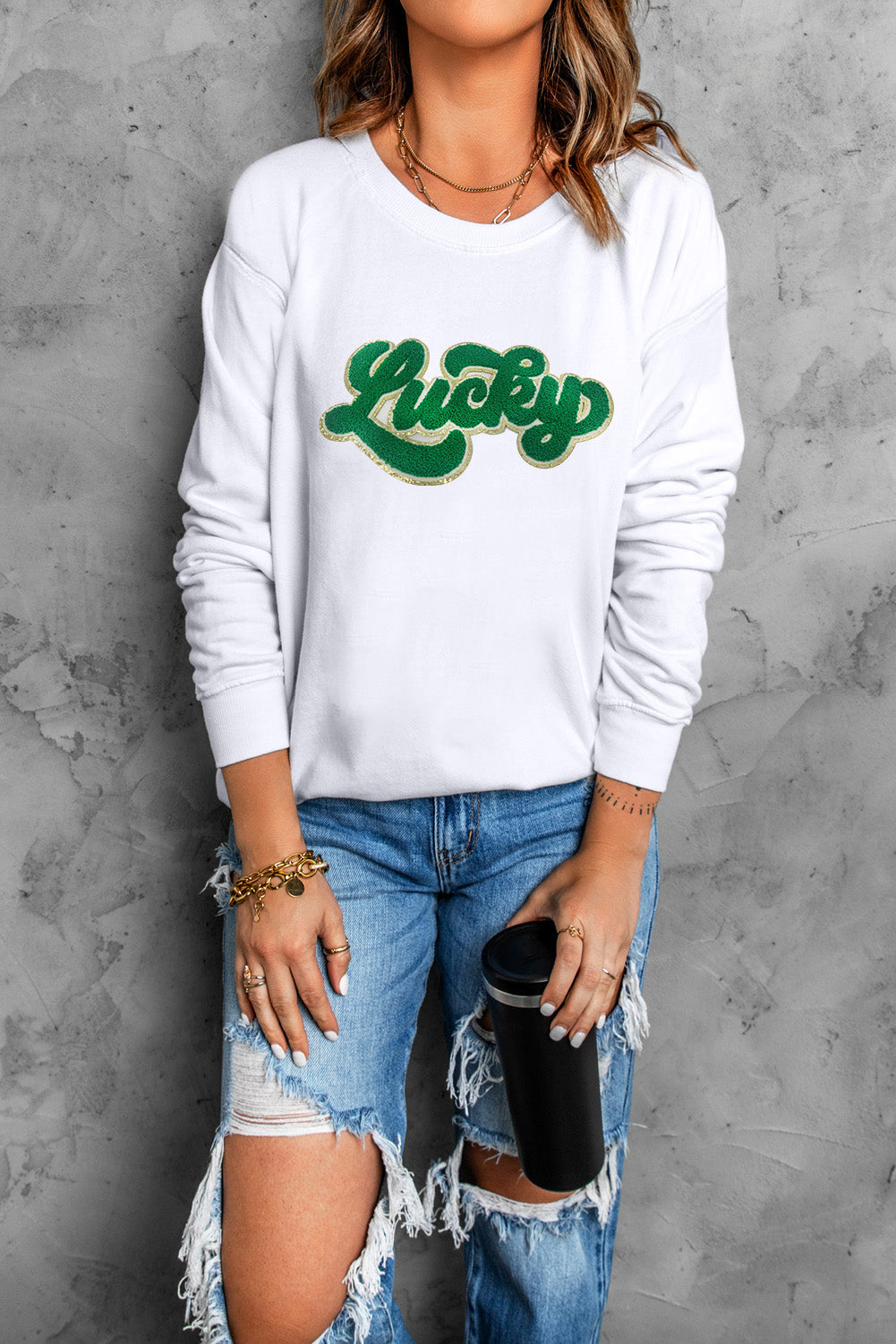 Golden Trim Chenille Lucky Graphic Sweatshirt (S-2XL)