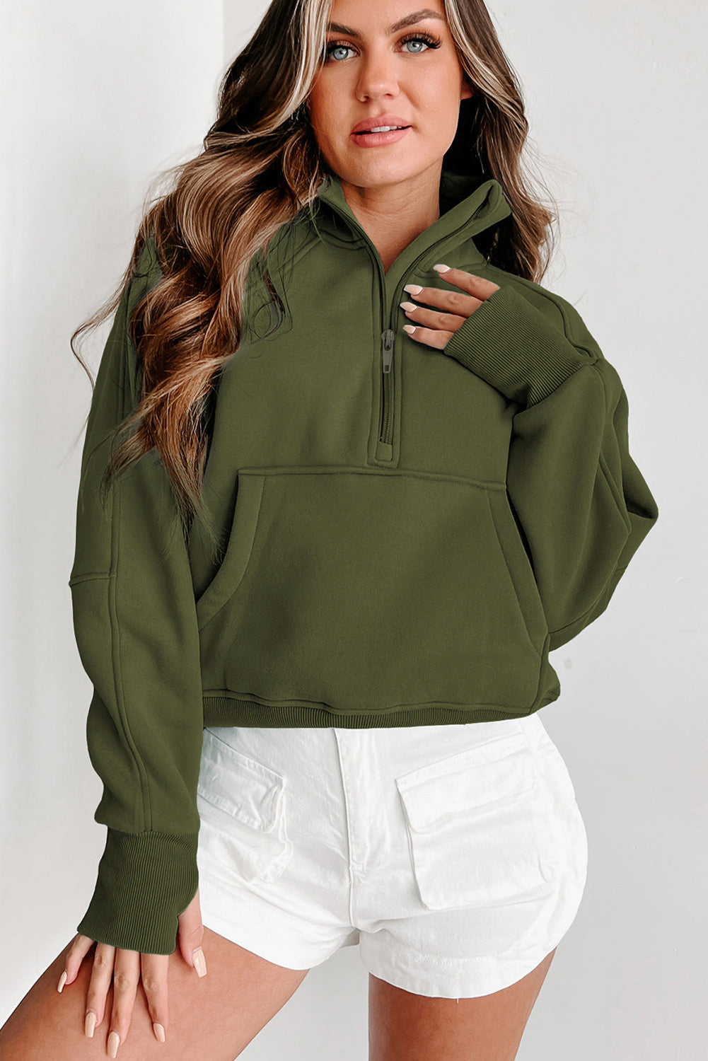 Smoke Green Quarter Zip Pocket Sweatshirt