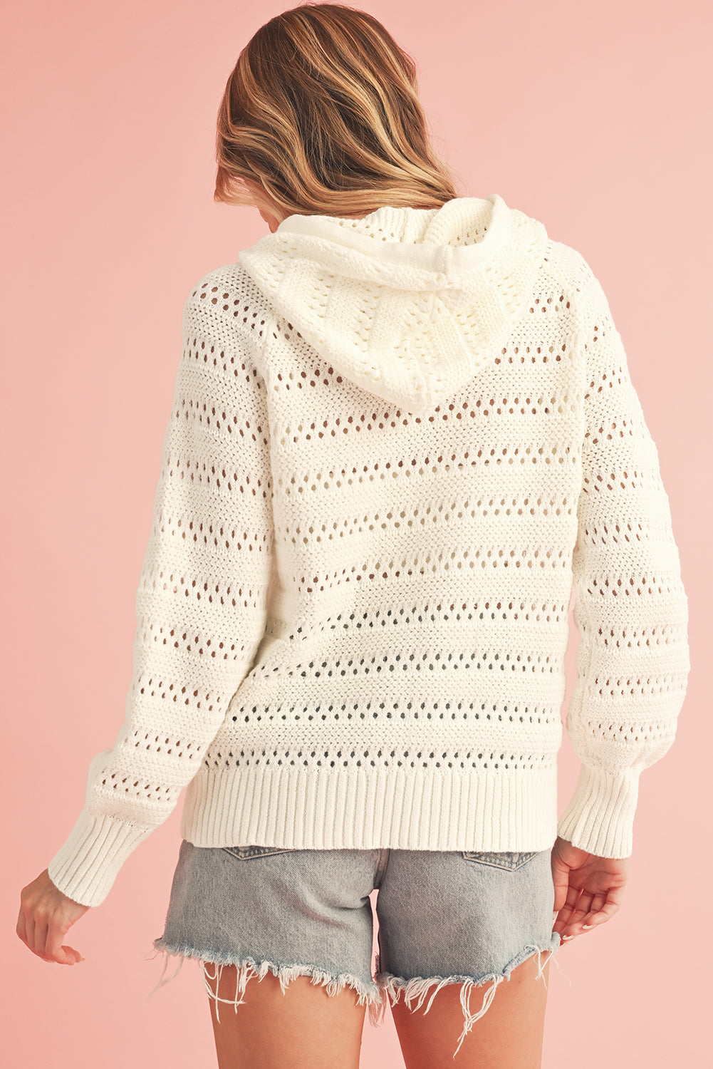 Peach Blossom Pointelle Knit  Hooded Sweater