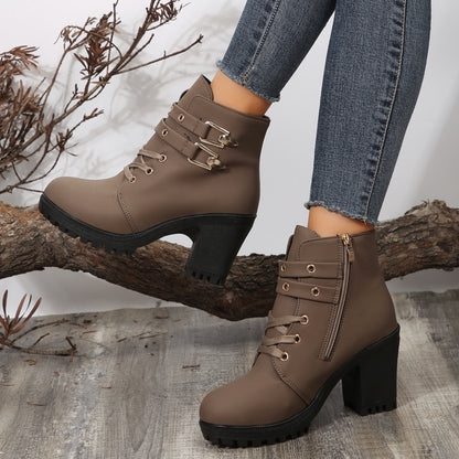 Leather Round Toe Block Heel Boots