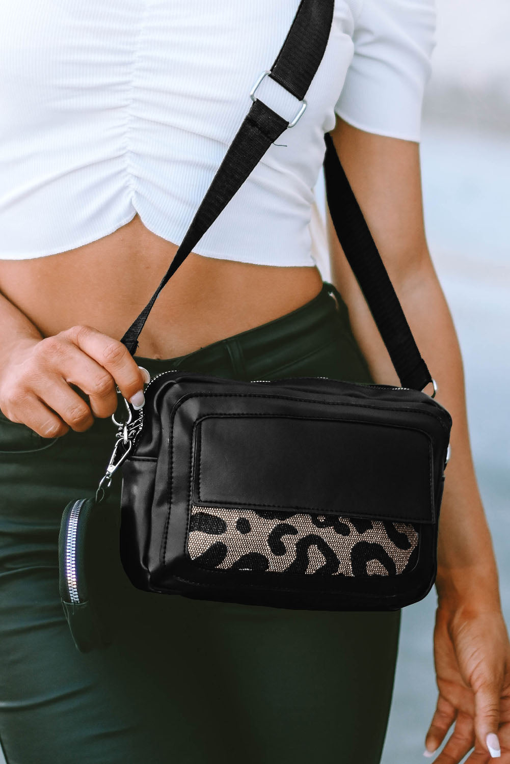 Black Leopard Pattern Crossbody Bag with Coin Purse