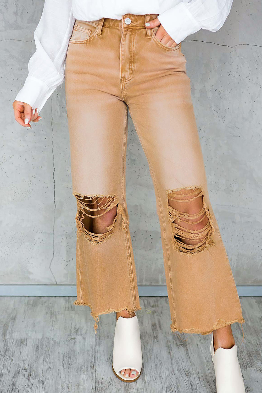 Distressed Hollow Out High Waist Flare Jeans (4-18)