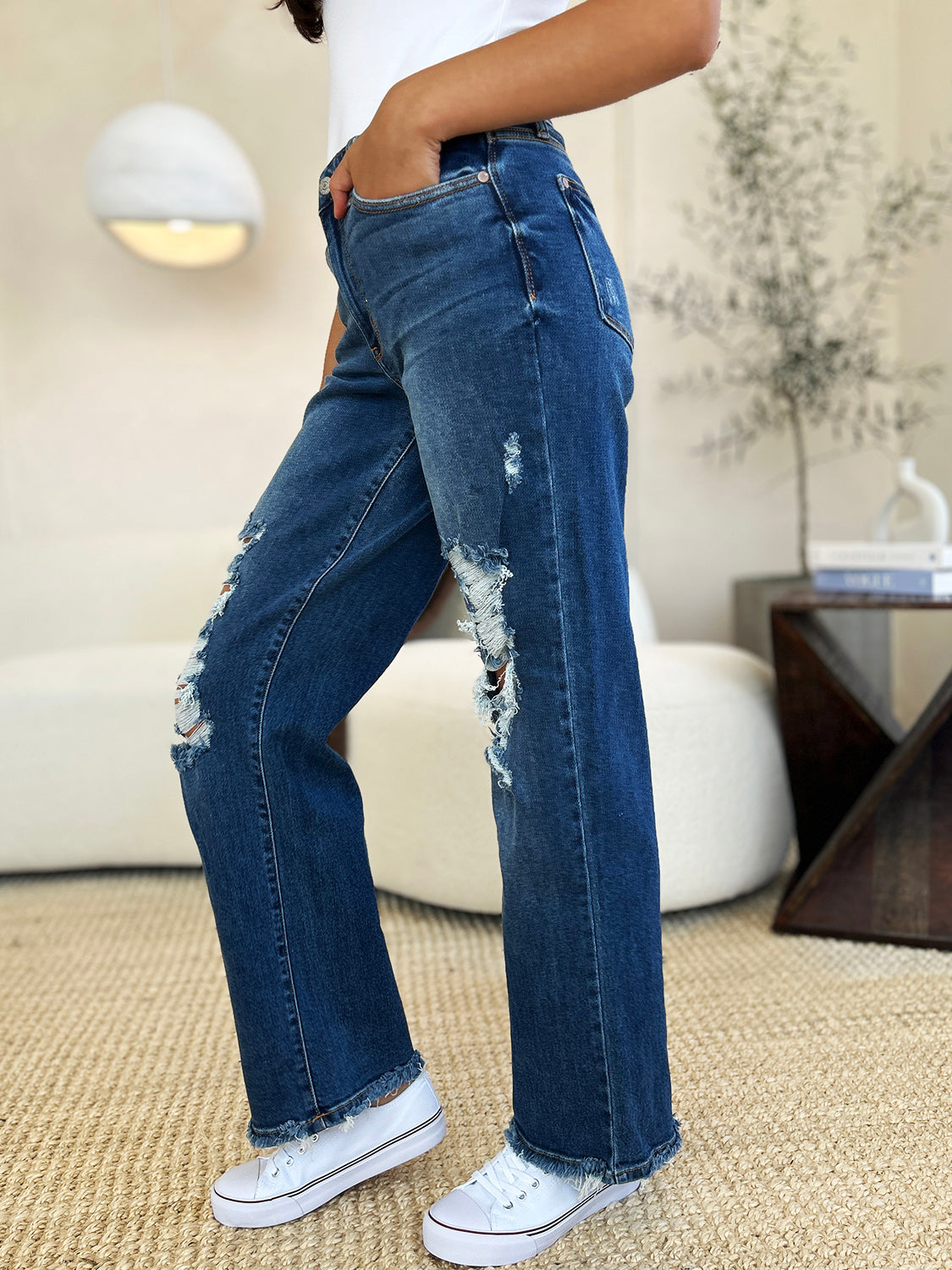 Judy Blue Mid Rise Distressed Raw Hem Jeans (3-24W)