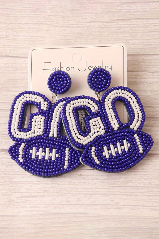 Blue Beaded 'GO' Football Drop Earrings