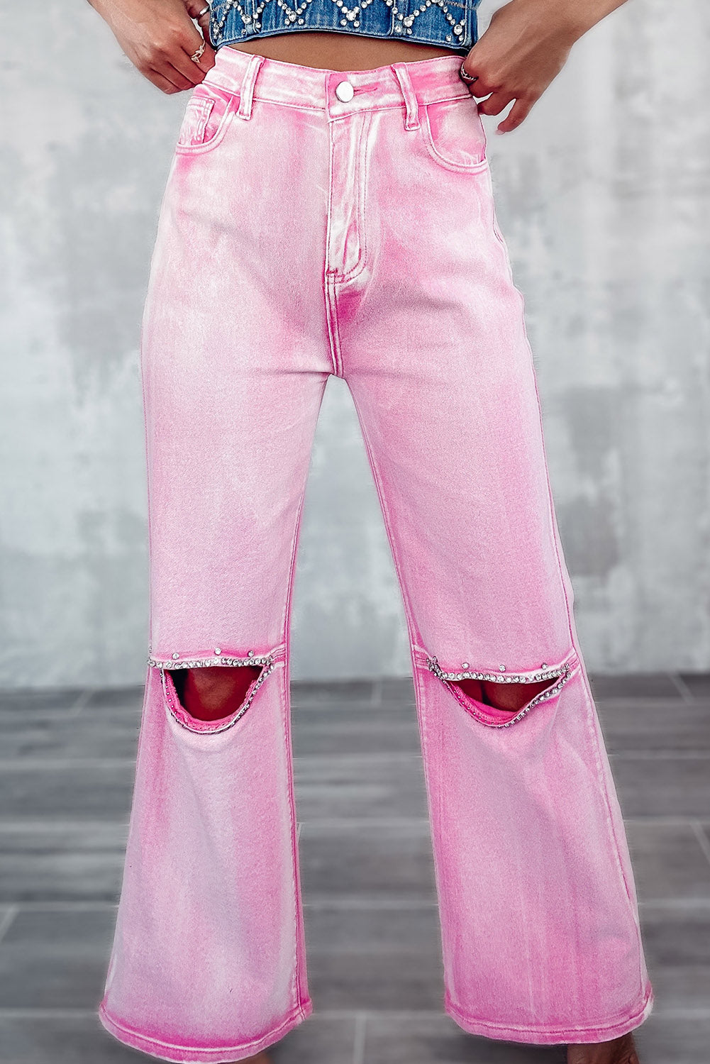 Pink Jeweled Distressed High Waist Flares (6-16)