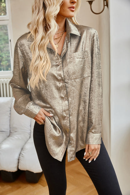 Shimmer Collared Neck Long Sleeve Shirt (S-2XL - 4 Colors)