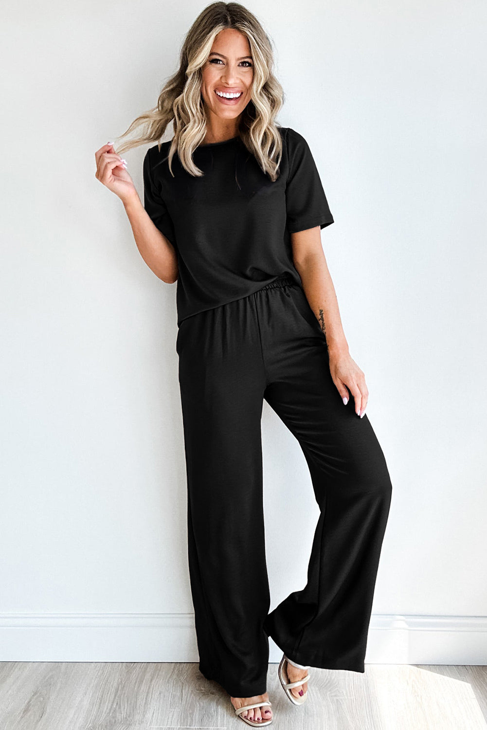 Solid Color T-Shirt + Wide Leg Pants Set (S-XL)