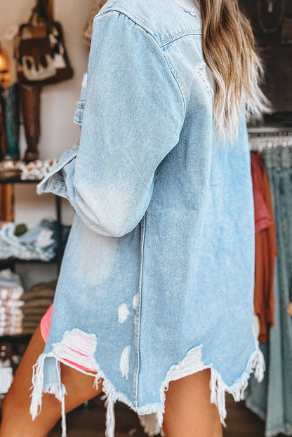 Light Wash Distressed Frayed Long Denim Jacket (S-2XL)