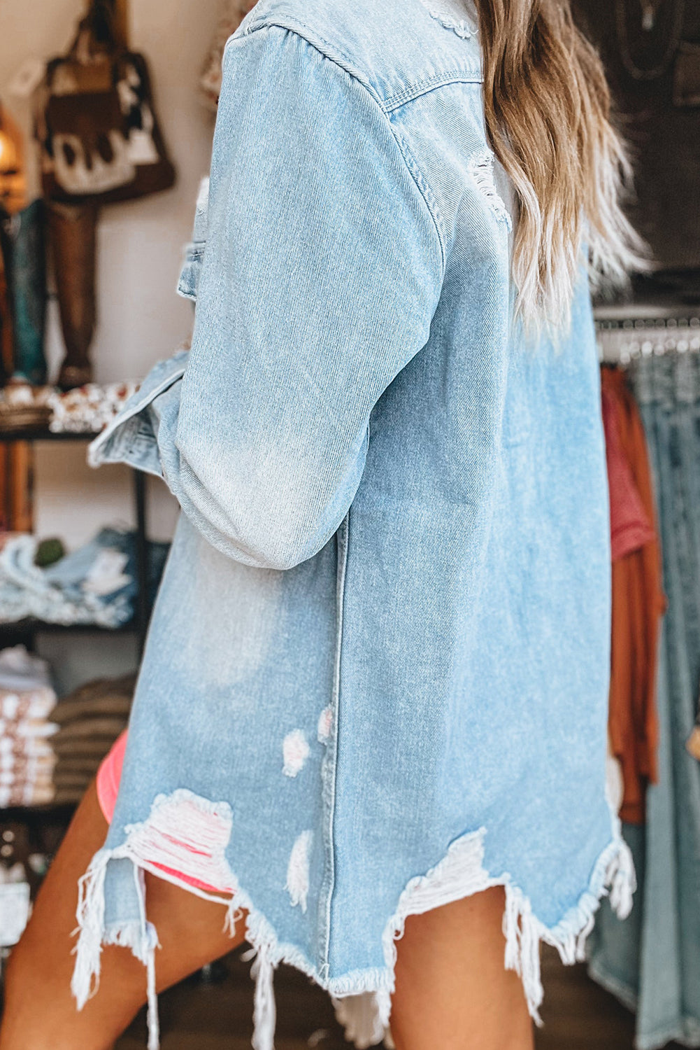 Light Wash Distressed Frayed Long Denim Jacket