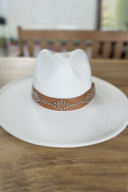 White Studded Detail Wide Brim Panama Hat