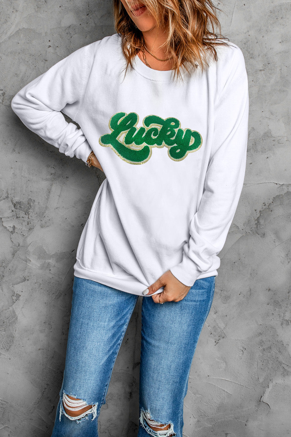 Golden Trim Chenille Lucky Graphic Sweatshirt (S-2XL)