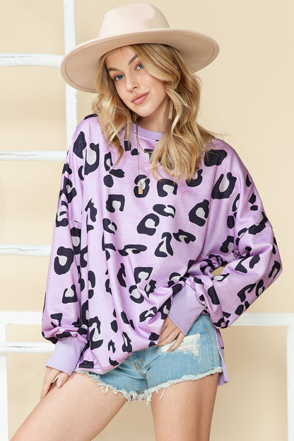 Leopard Print Drop Shoulder Slit Oversized Sweatshirt (S-XL)