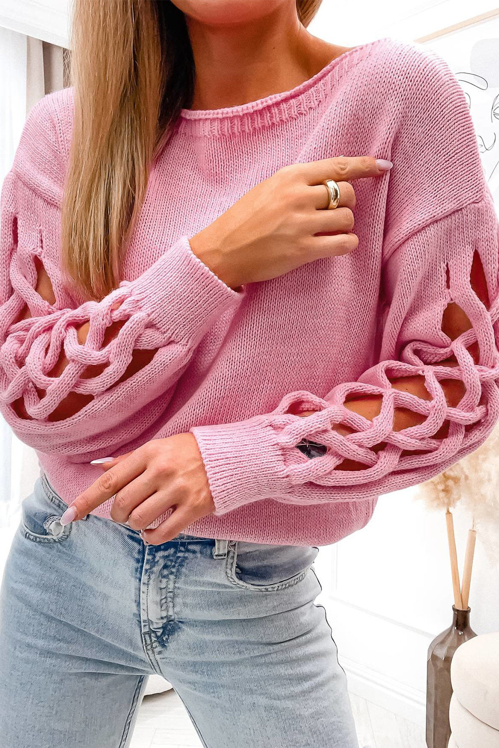 Pink Woven Hollowed Dropped Sleeve Sweater (S-XL)