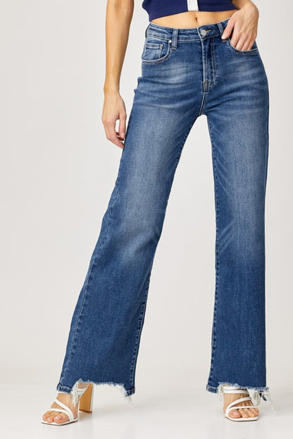 Risen High Rise Frayed Hem Wide Leg Jeans (0-15)