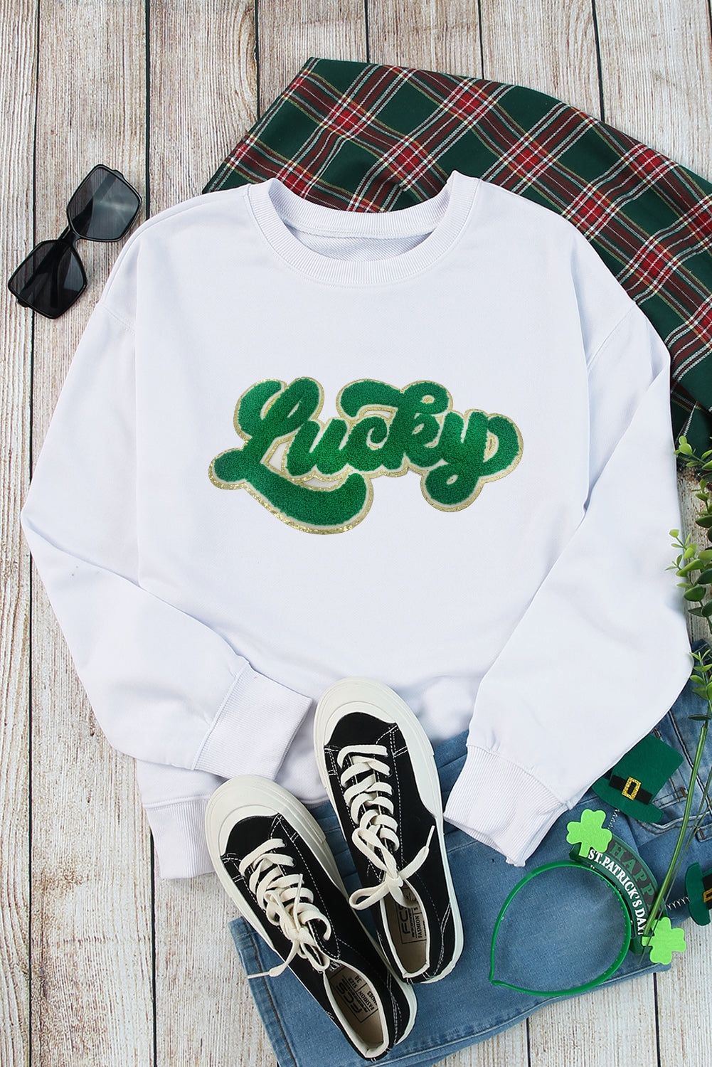 Golden Trim Chenille Lucky Graphic Sweatshirt (S-2XL)