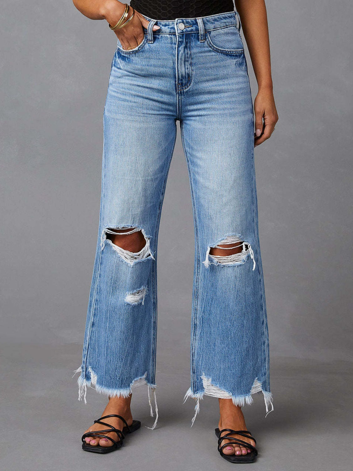 Light Wash Distressed Raw Hem Jeans (S-2XL)