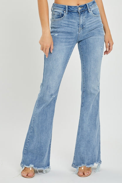 Risen Light High Rise Frayed Hem Flare Jeans (0-15)