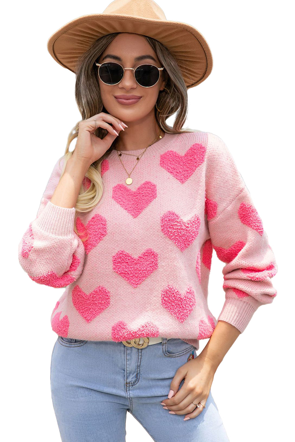 Light Pink Valentines Day Heart Jacquard Knit Sweater (S-XL)