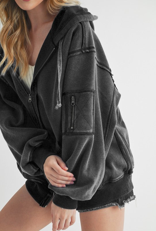 Exposed Seam Zip Up Drawstring Hooded Jacket (S-L)